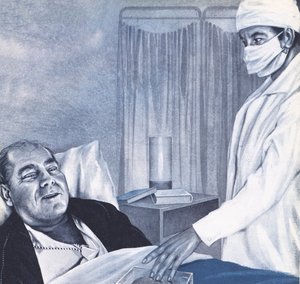 Le Dr Barnard approchant le patient, tenant une boîte en plastique transparente - English School